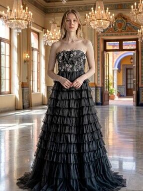 Masquerade Strapless Ballgown w/ Black Lace Bodice & Tiered Ruffle Skirt